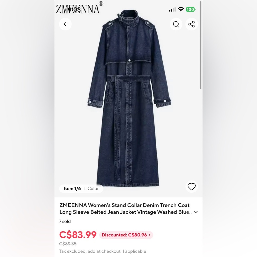 Women's Stand Collar Blue Denim Trench Coat